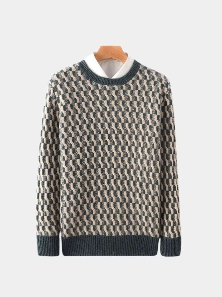 100% Wool Geometric Crew Neck Pullover Sweater