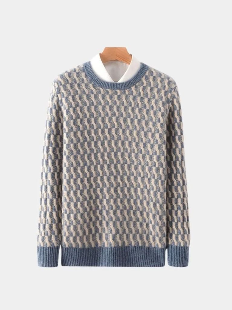 100% Wool Geometric Crew Neck Pullover Sweater