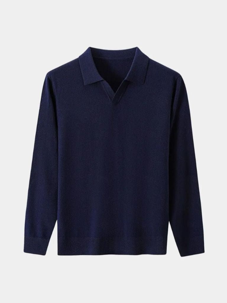 100% Wool Knit V Neck Turndown Polo Pullover