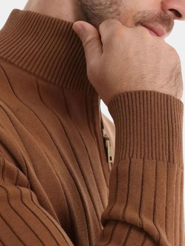 Cotton Knit Vertical Stripes Quarter-Zip Sweater