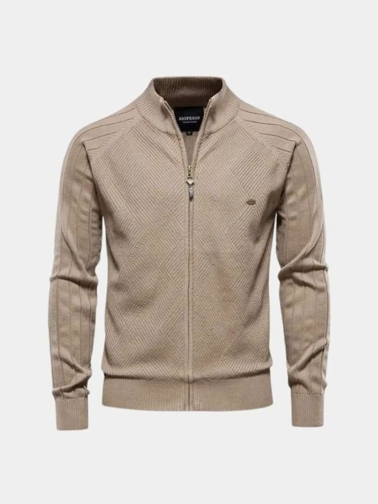 Knit Zipper Jacquard Solid Color Cardigan Sweater