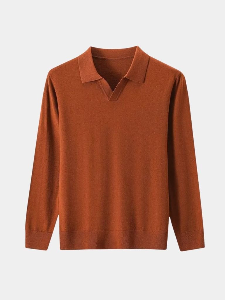 100% Wool Knit V Neck Turndown Polo Pullover