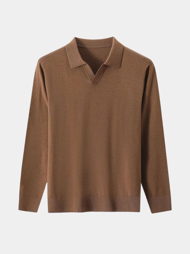 100% Wool Knit V Neck Turndown Polo Pullover