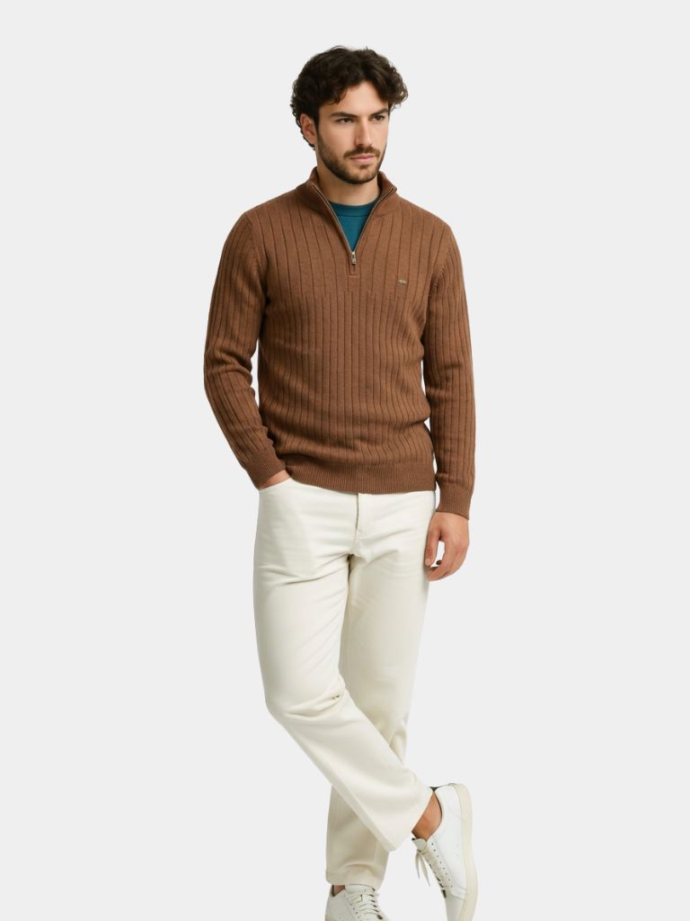 Cotton Knit Vertical Stripes Quarter-Zip Sweater