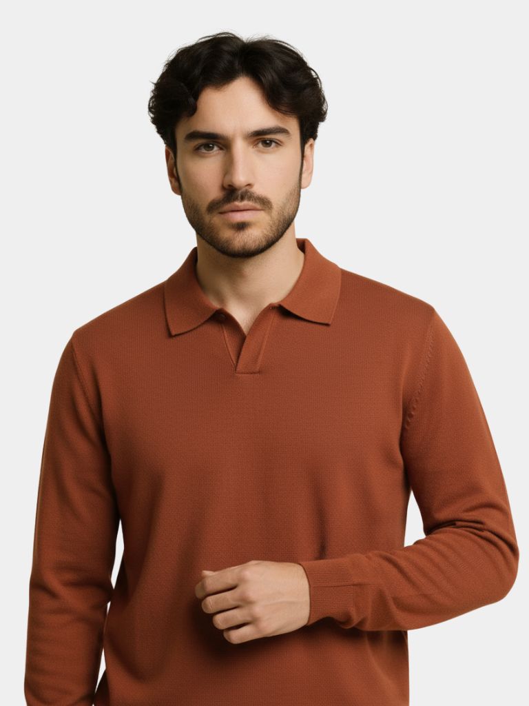 100% Wool Knit V Neck Turndown Polo Pullover