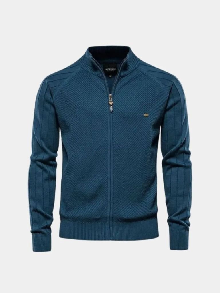 Knit Zipper Jacquard Solid Color Cardigan Sweater